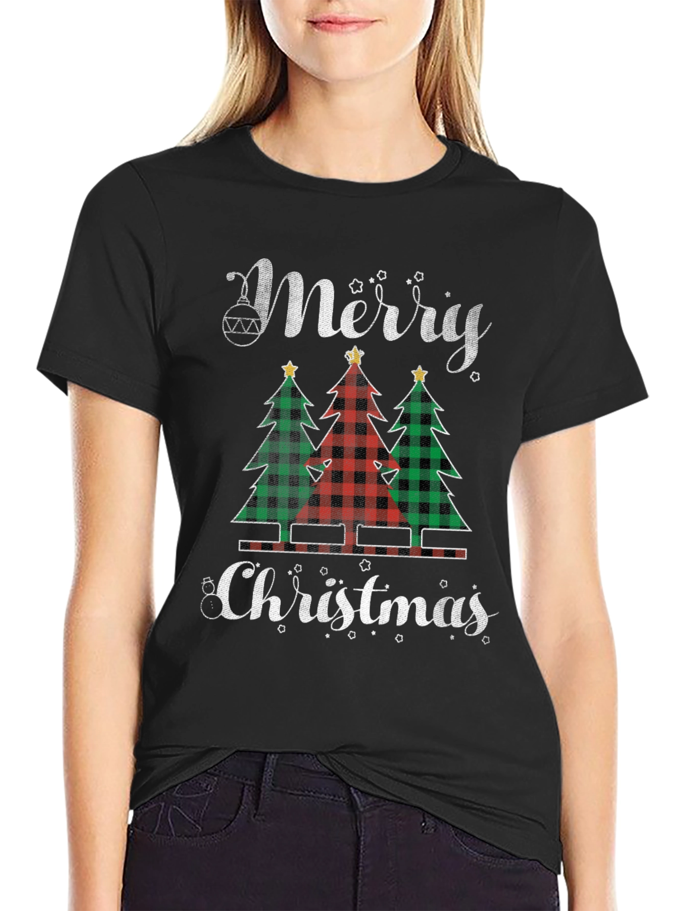 Merry Christmas Buffalo Plaid Trees Graphic Tee