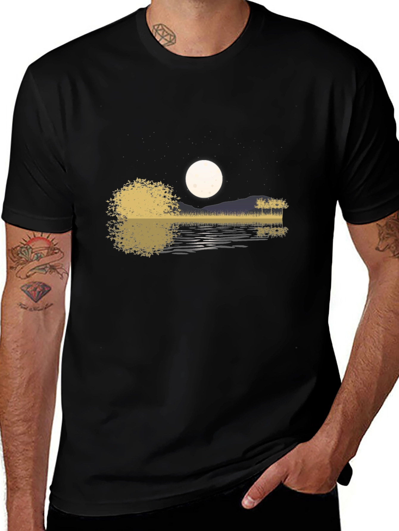 Guitar Lake Moon Mens T-Shirt