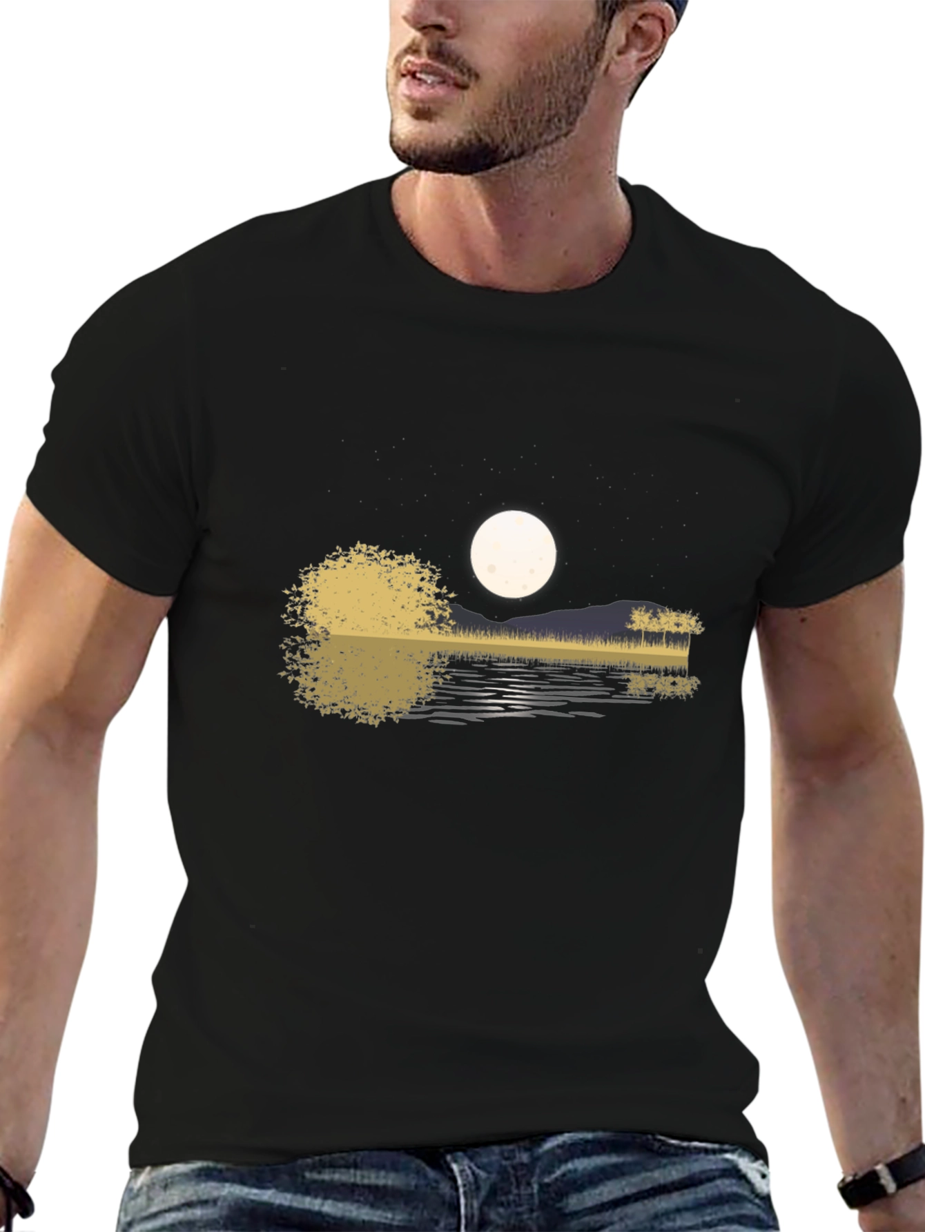 Guitar Lake Moon Mens T-Shirt