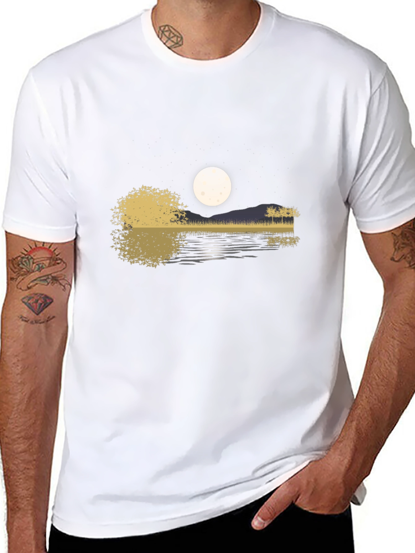 Guitar Lake Moon Mens T-Shirt
