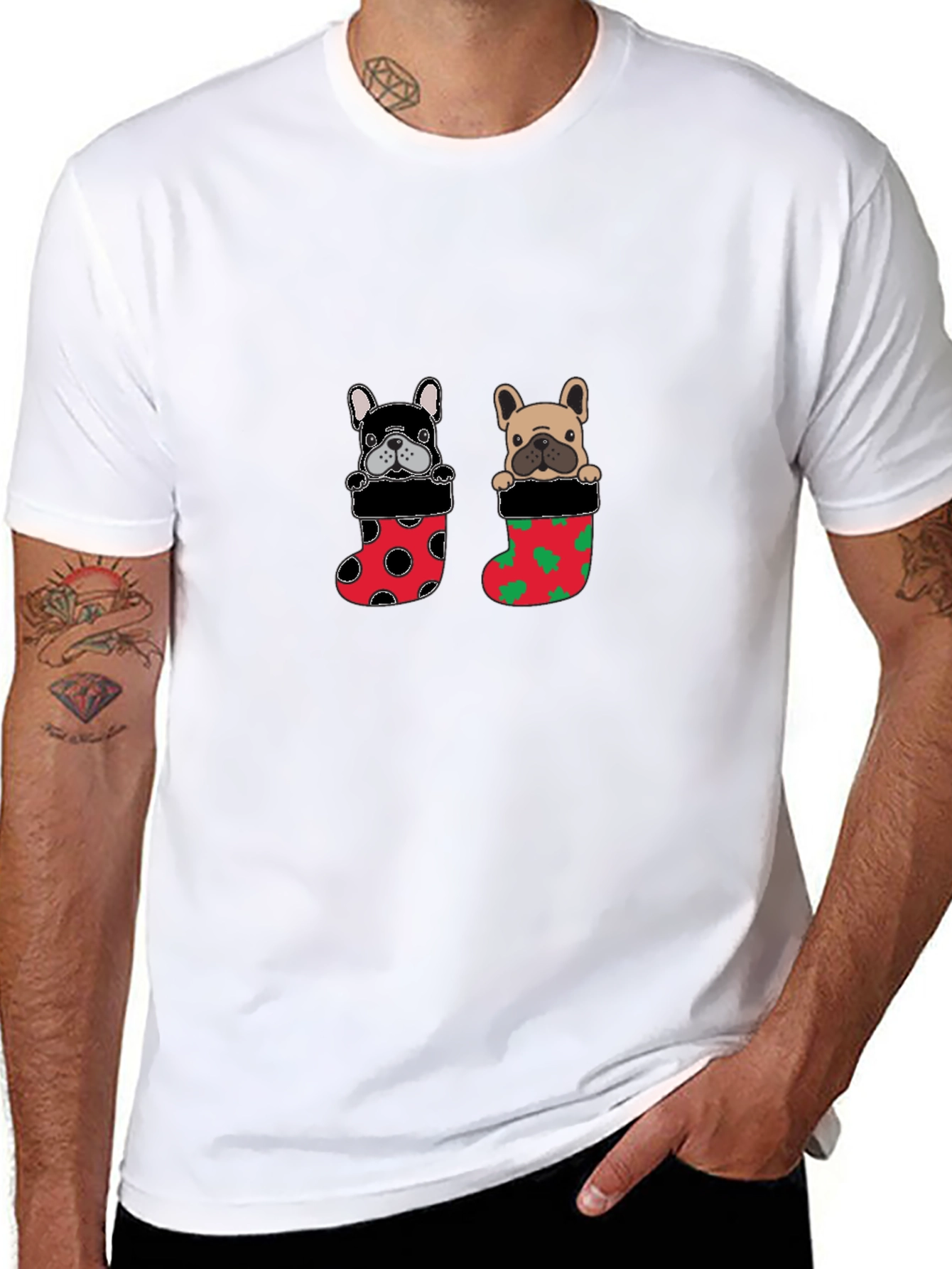 Festive Bulldog in Stocking Christmas T-Shirt