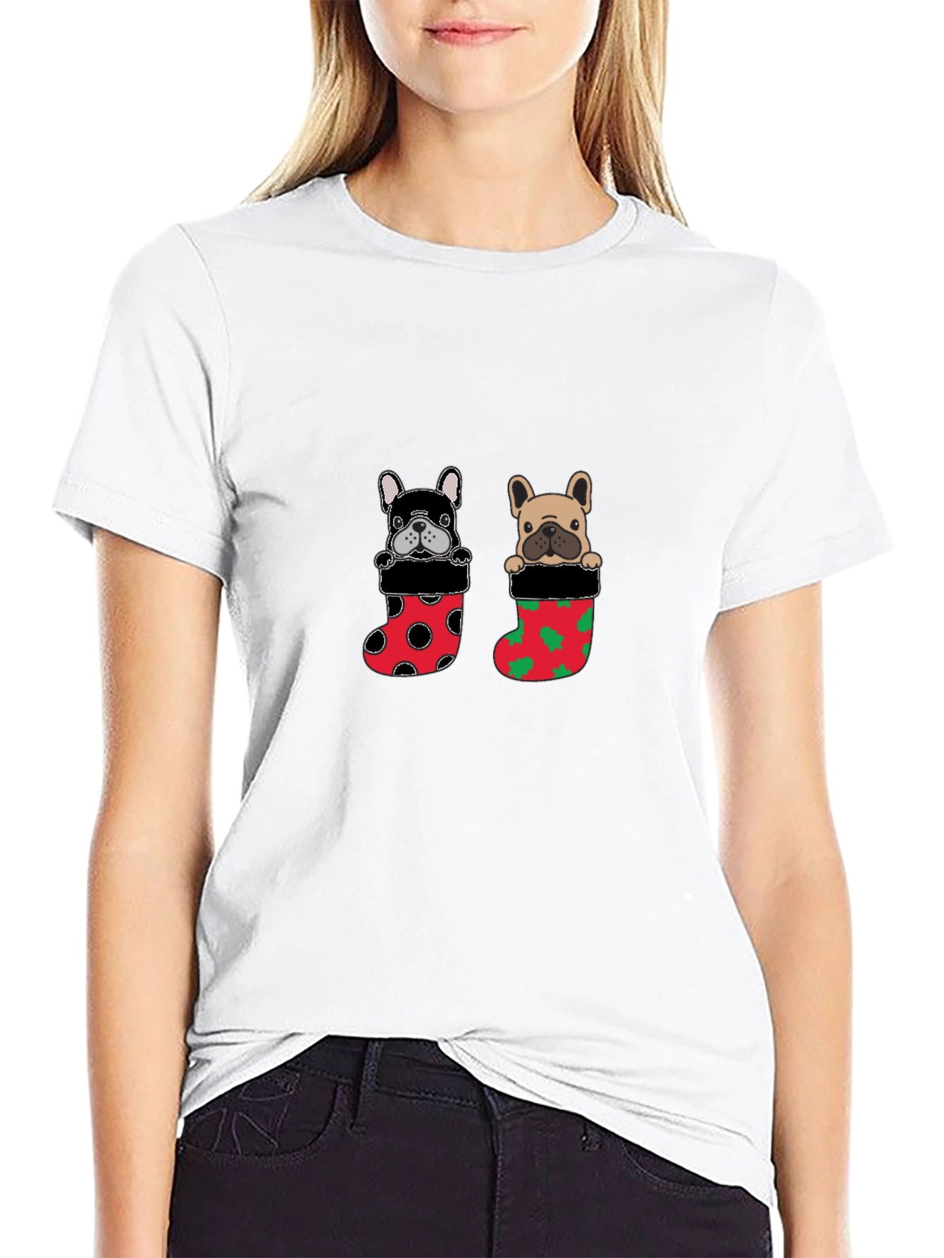 Festive Bulldog in Stocking Christmas T-Shirt