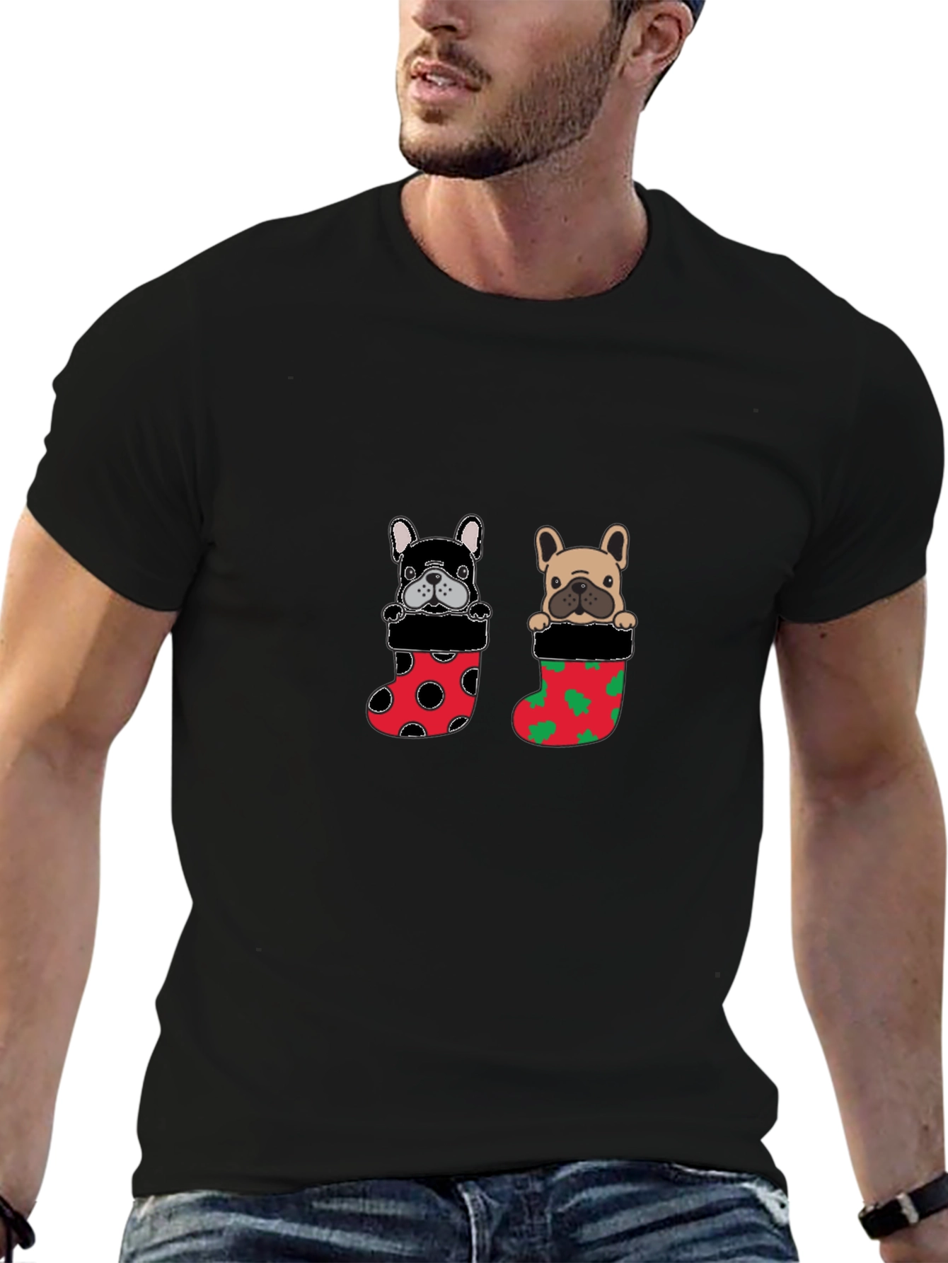 Festive Bulldog in Stocking Christmas T-Shirt