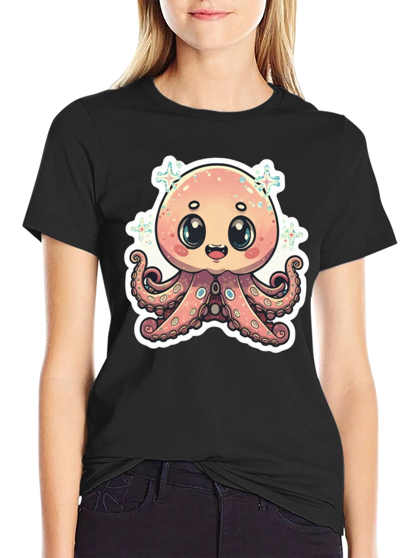 Cute Octopus Graphic T-Shirt - Black Cotton Blend
