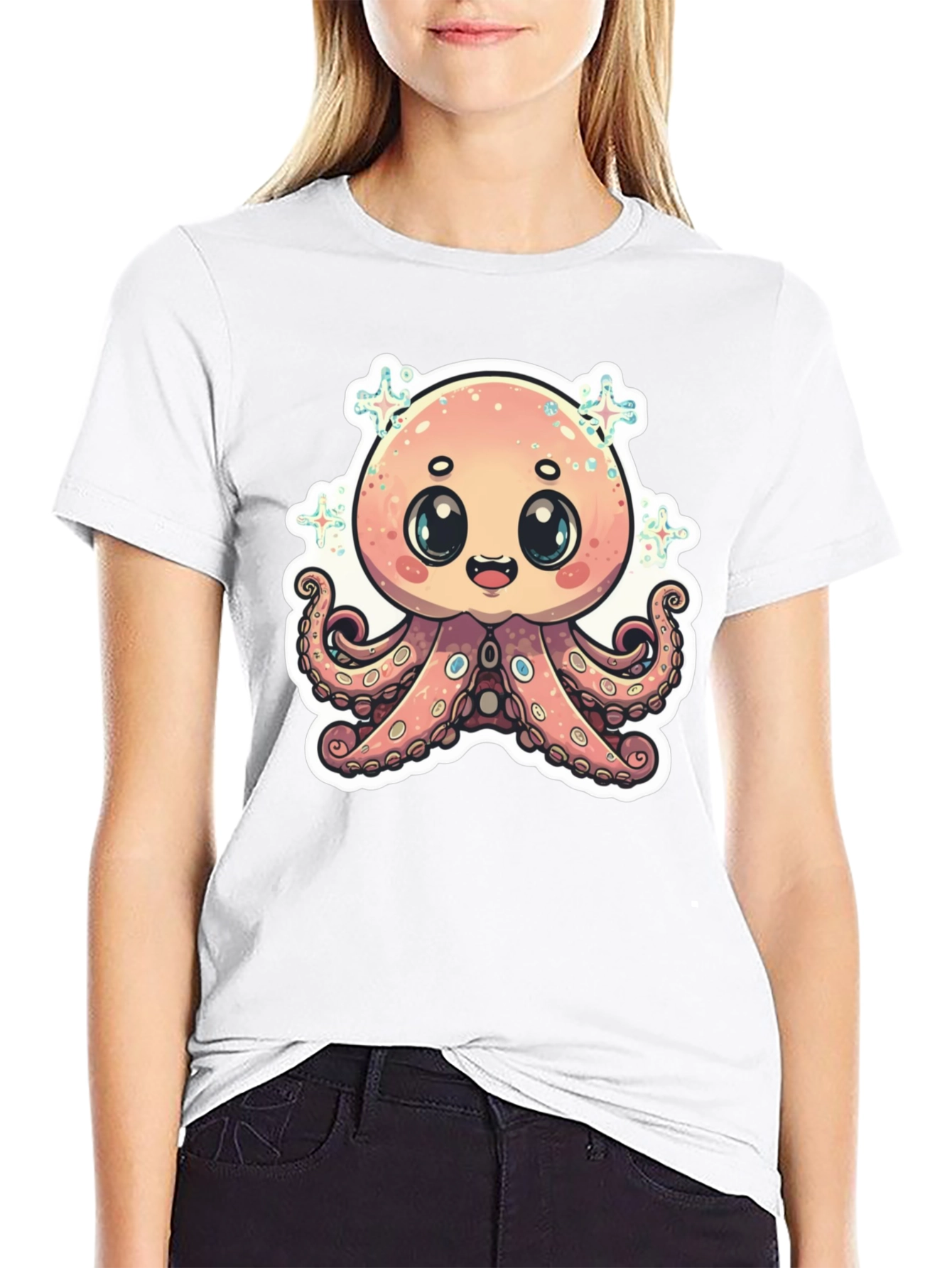 Cute Octopus Graphic T-Shirt - Black Cotton Blend