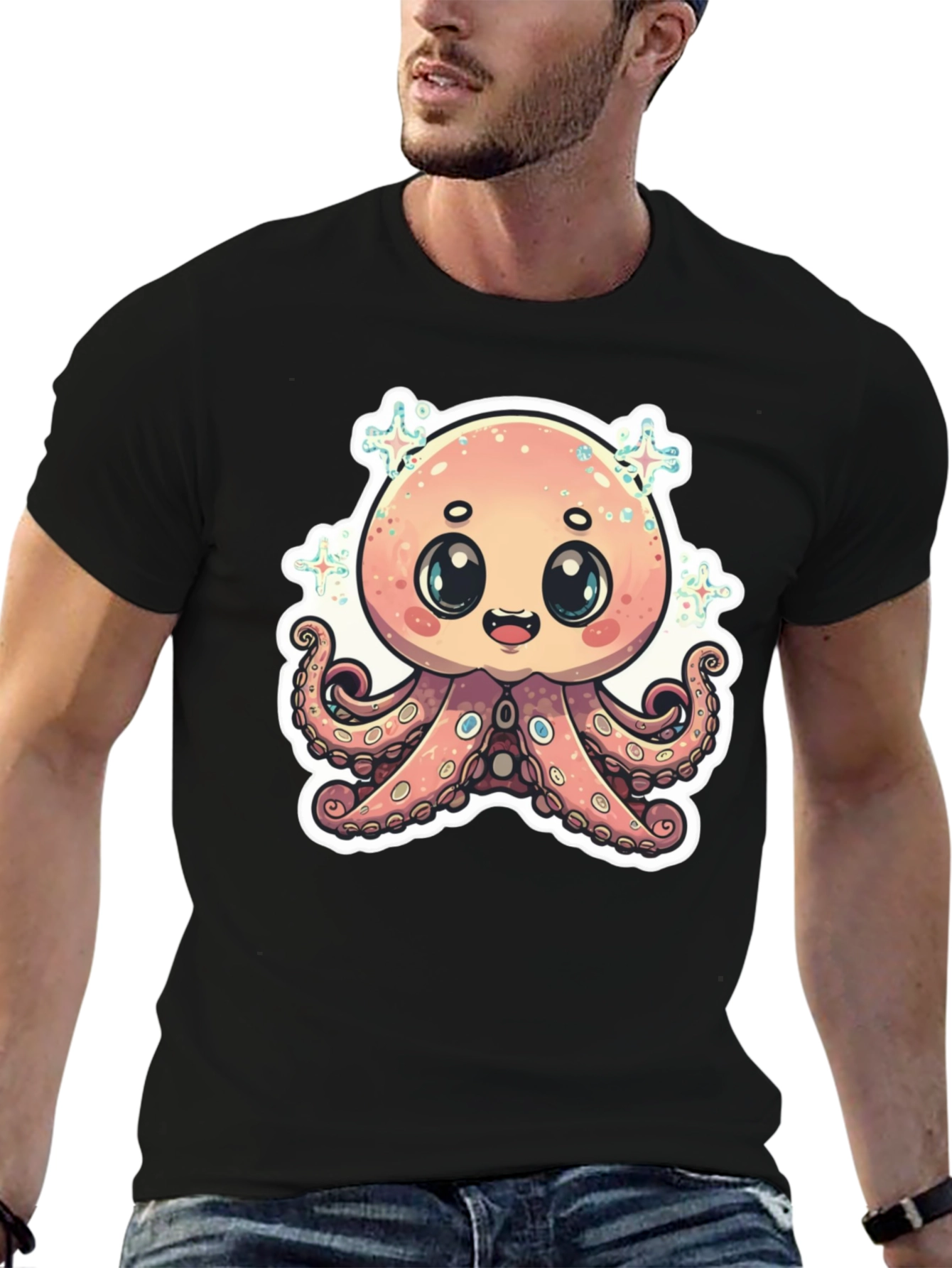 Cute Octopus Graphic T-Shirt - Black Cotton Blend