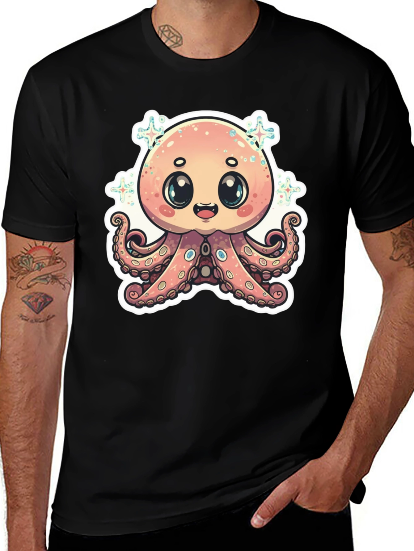 Cute Octopus Graphic T-Shirt - Black Cotton Blend