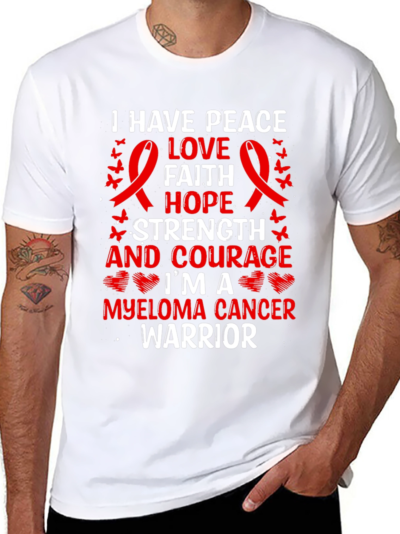 Myeloma Cancer Warrior T-Shirt: Peace Love Faith