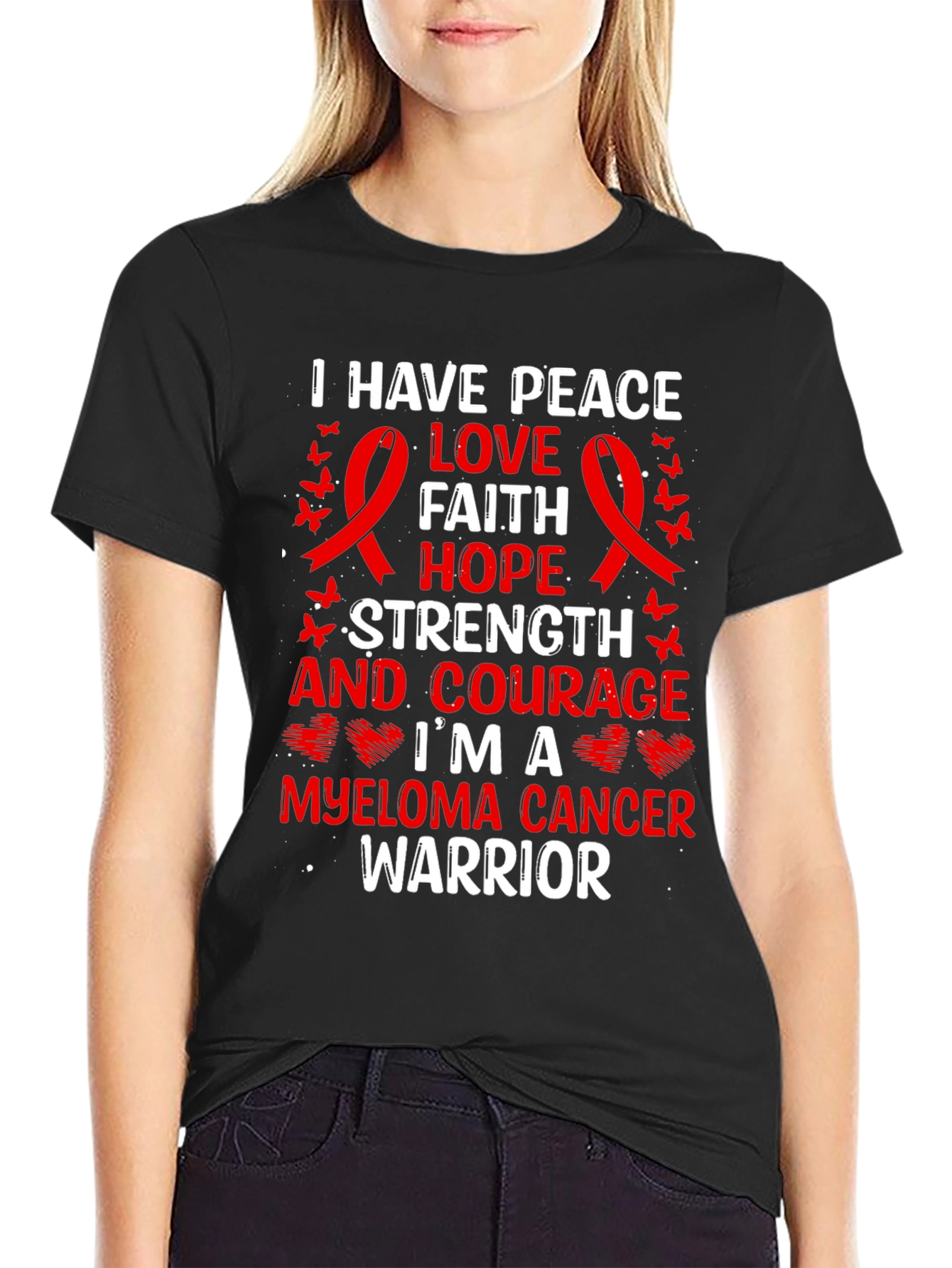 Myeloma Cancer Warrior T-Shirt: Peace Love Faith