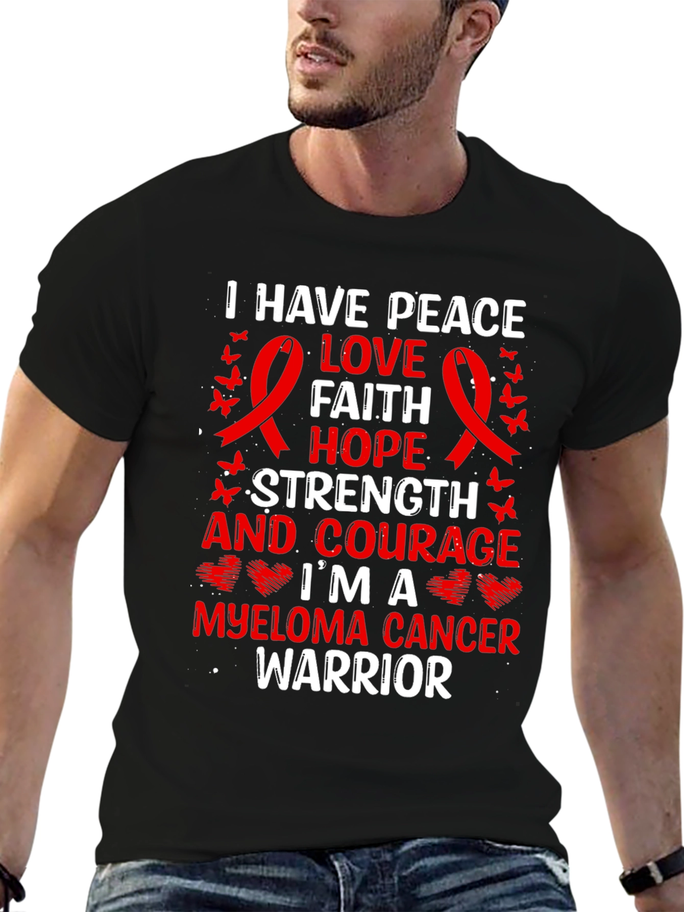 Myeloma Cancer Warrior T-Shirt: Peace Love Faith
