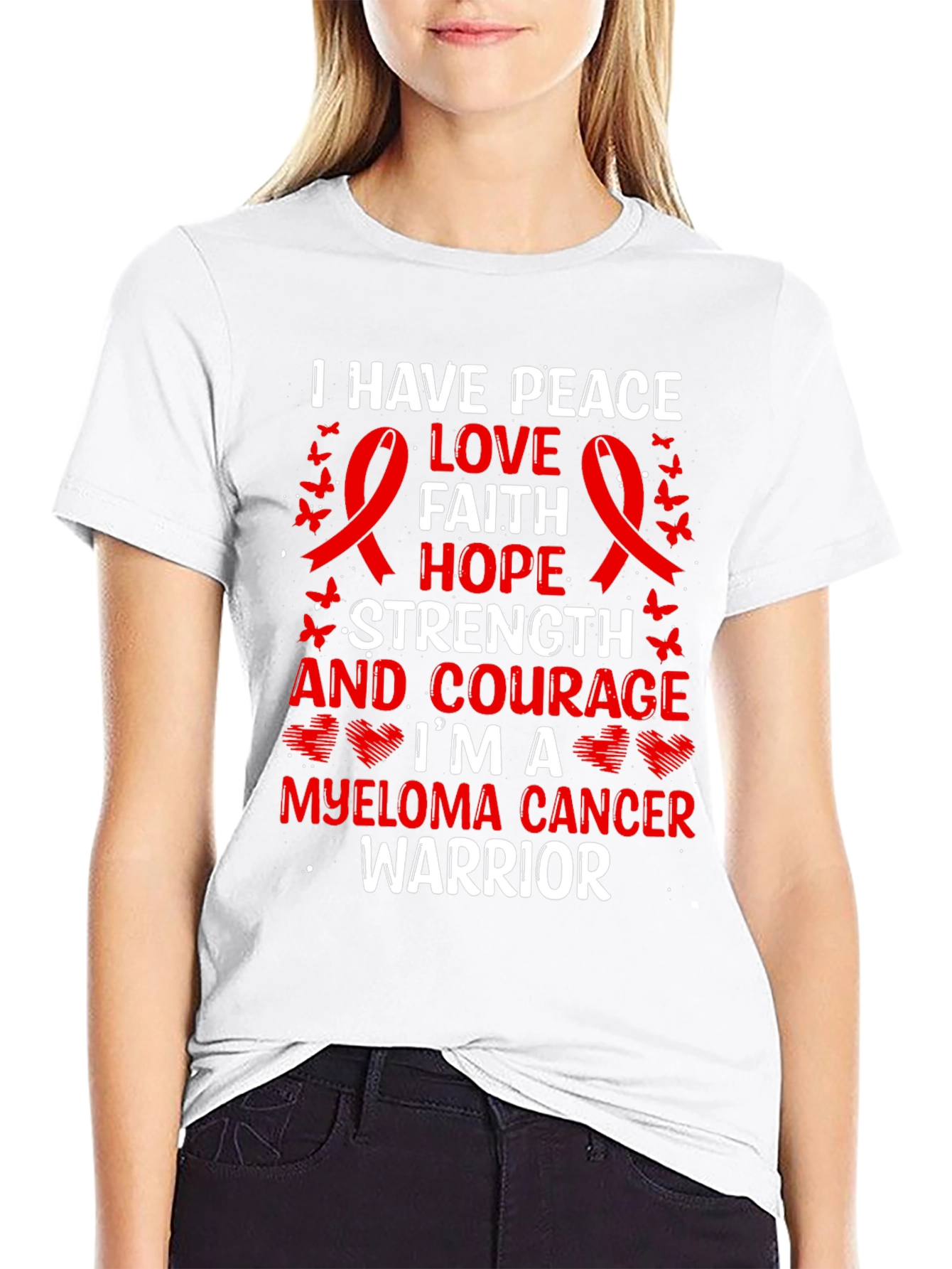 Myeloma Cancer Warrior T-Shirt: Peace Love Faith