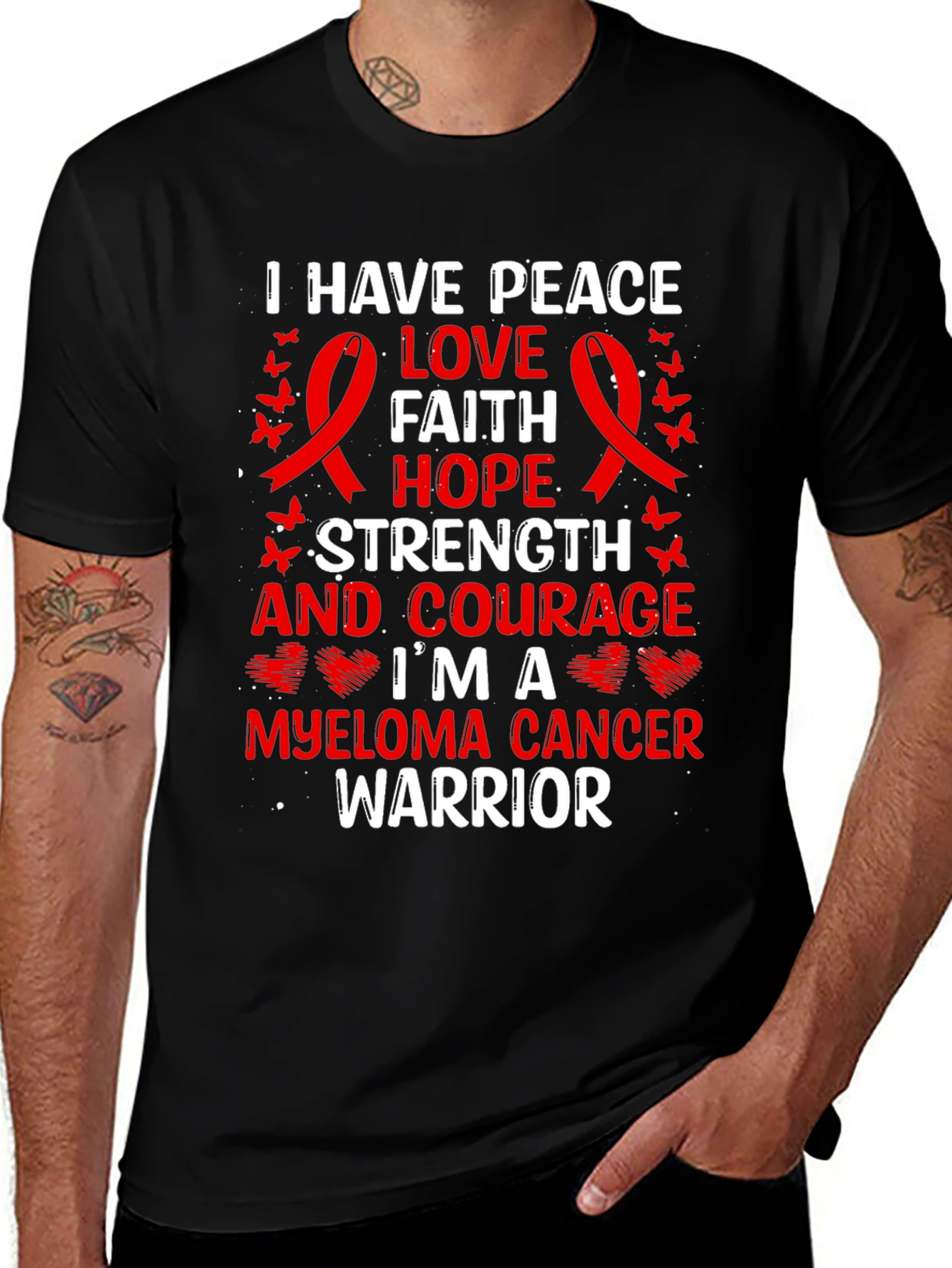 Myeloma Cancer Warrior T-Shirt: Peace Love Faith