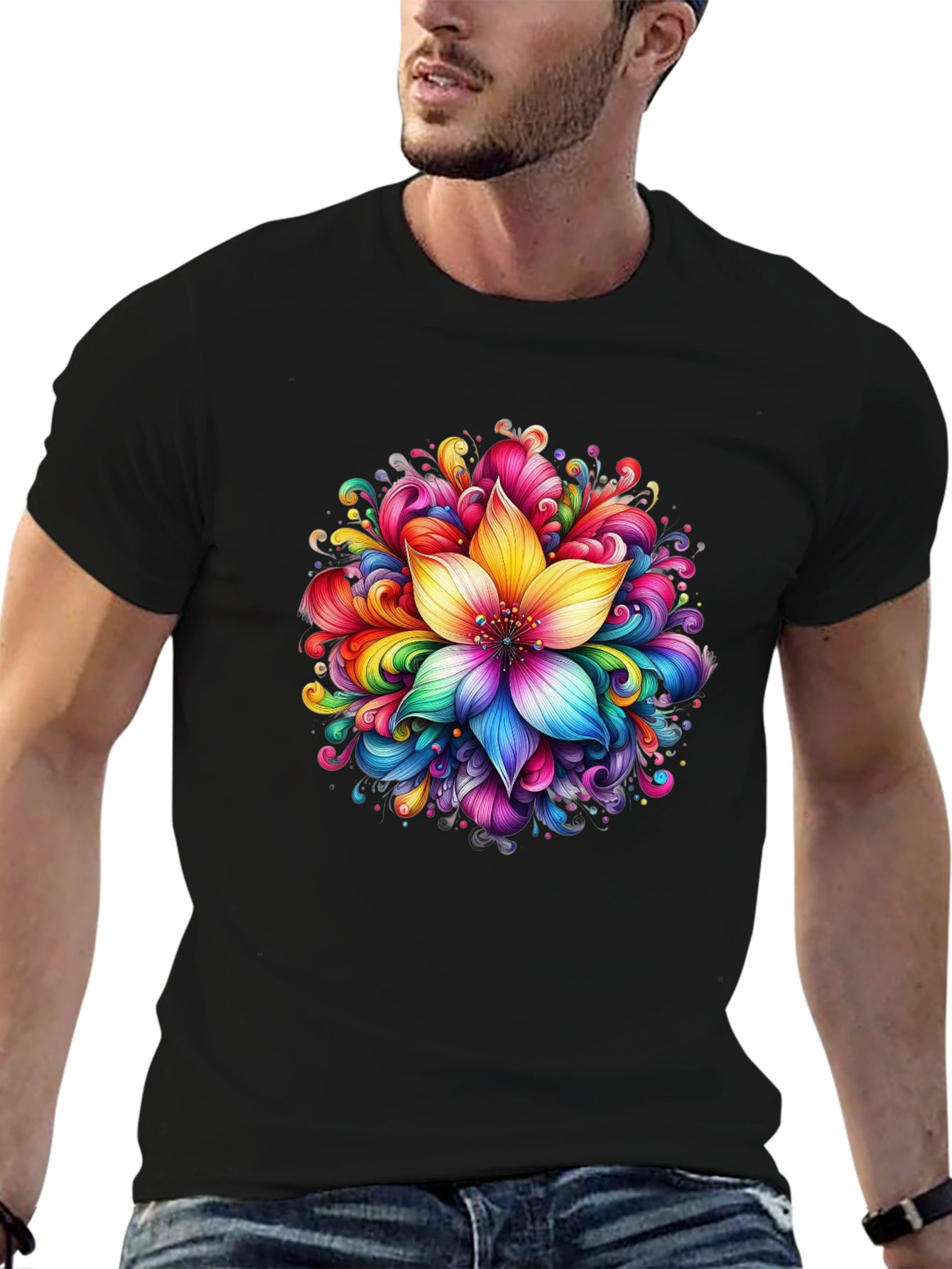 Rainbow Flower Graphic Black T-Shirt
