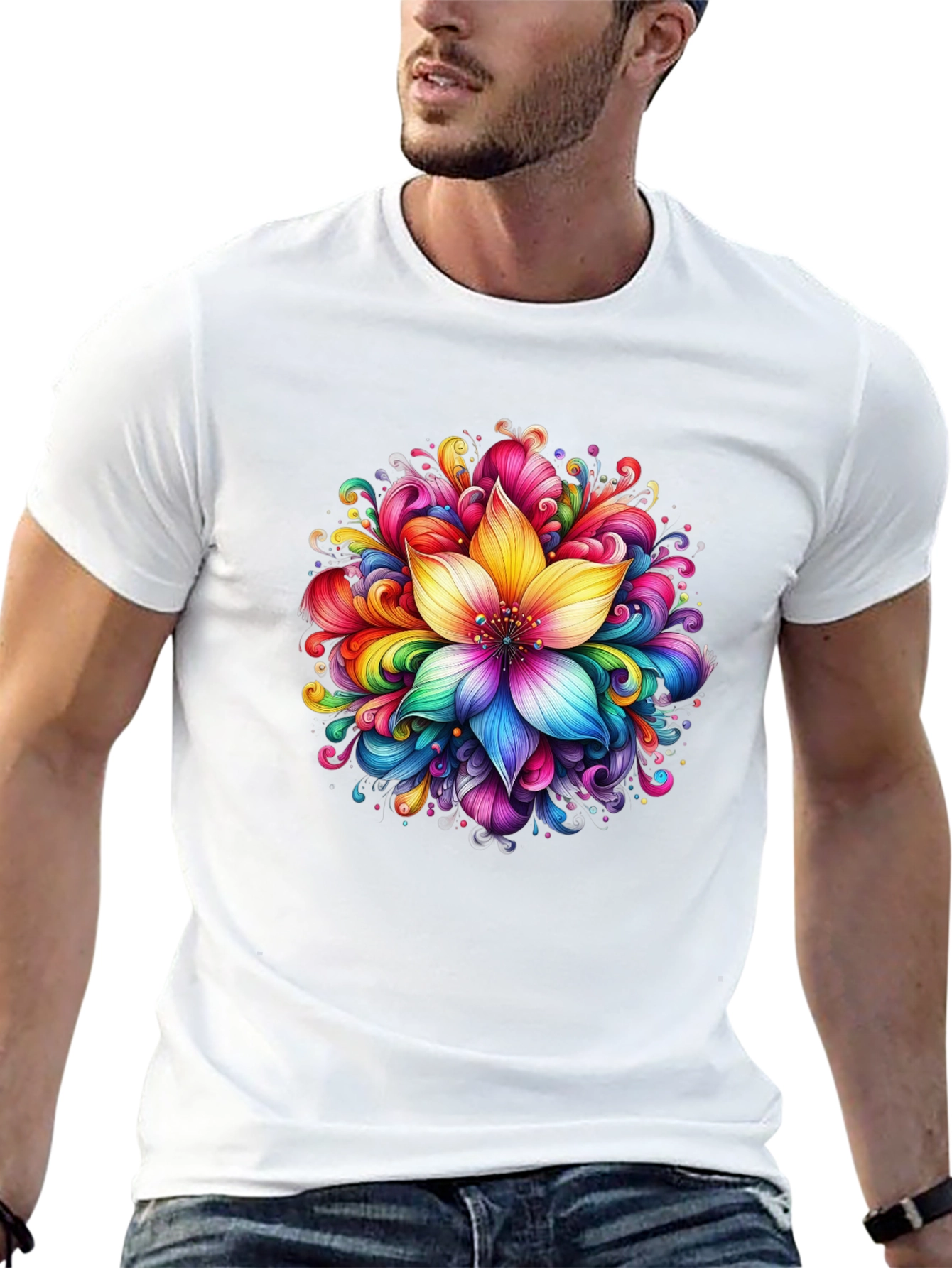 Rainbow Flower Graphic Black T-Shirt