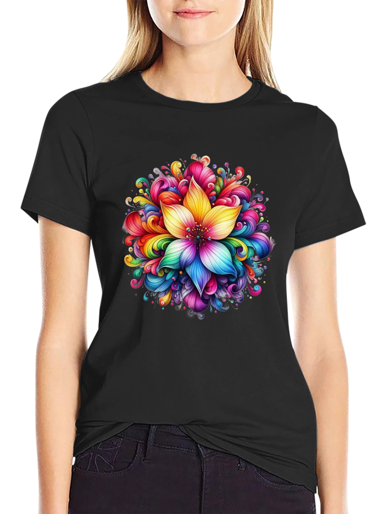 Rainbow Flower Graphic Black T-Shirt