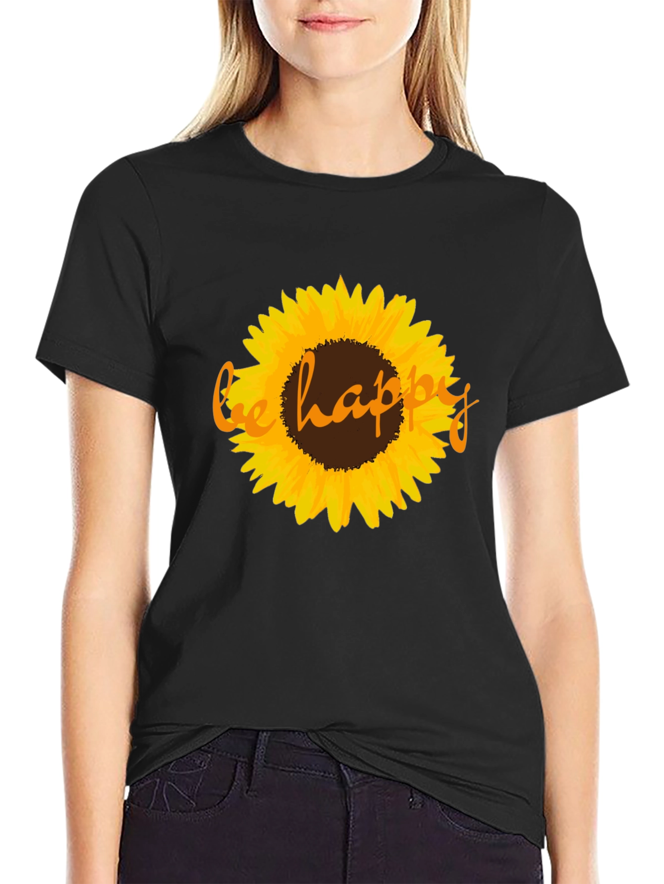 Be Happy Sunflower Graphic Tee - Black