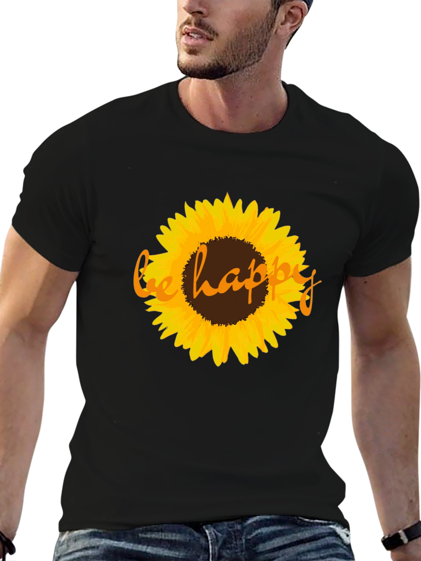 Be Happy Sunflower Graphic Tee - Black