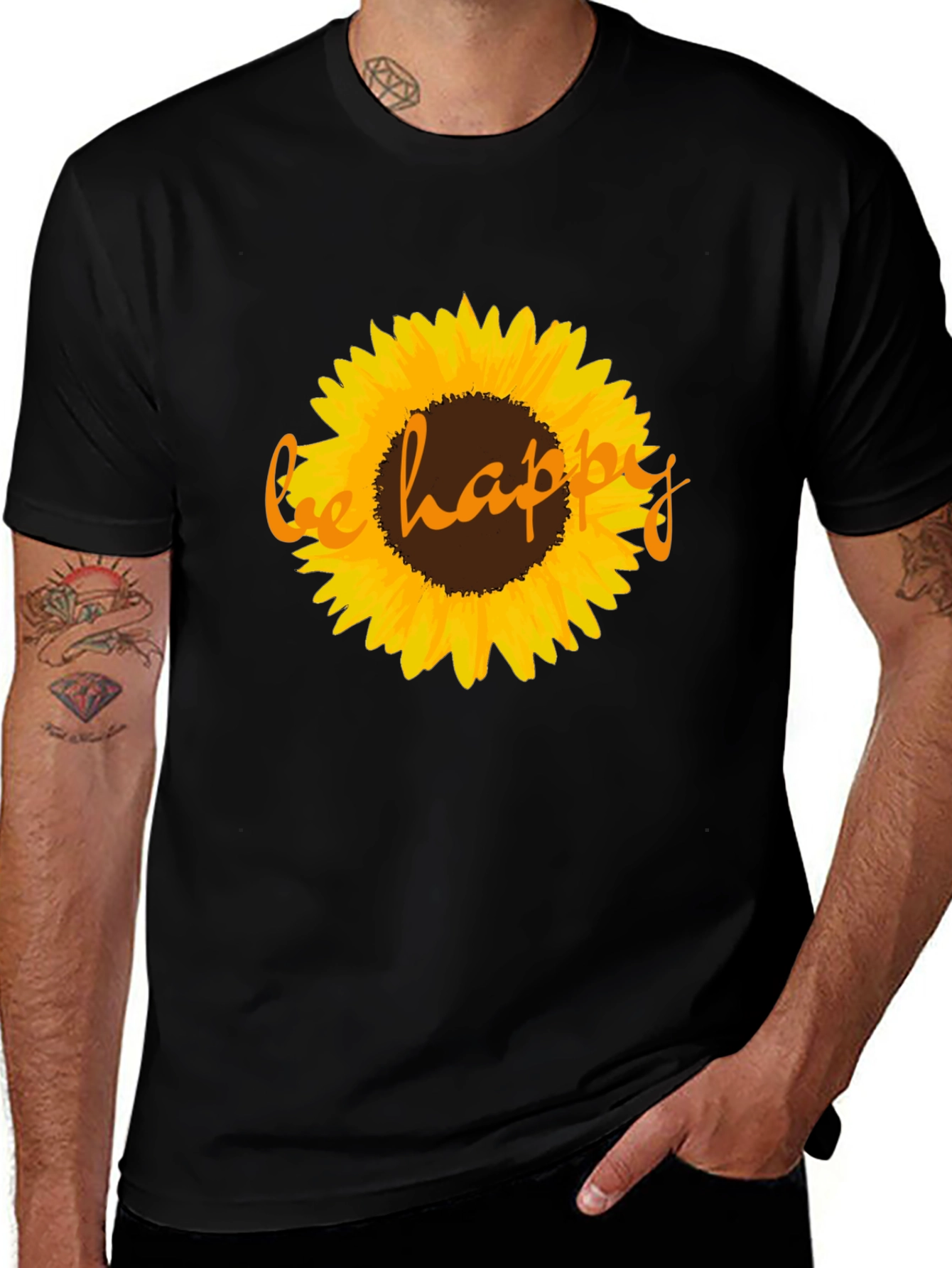 Be Happy Sunflower Graphic Tee - Black