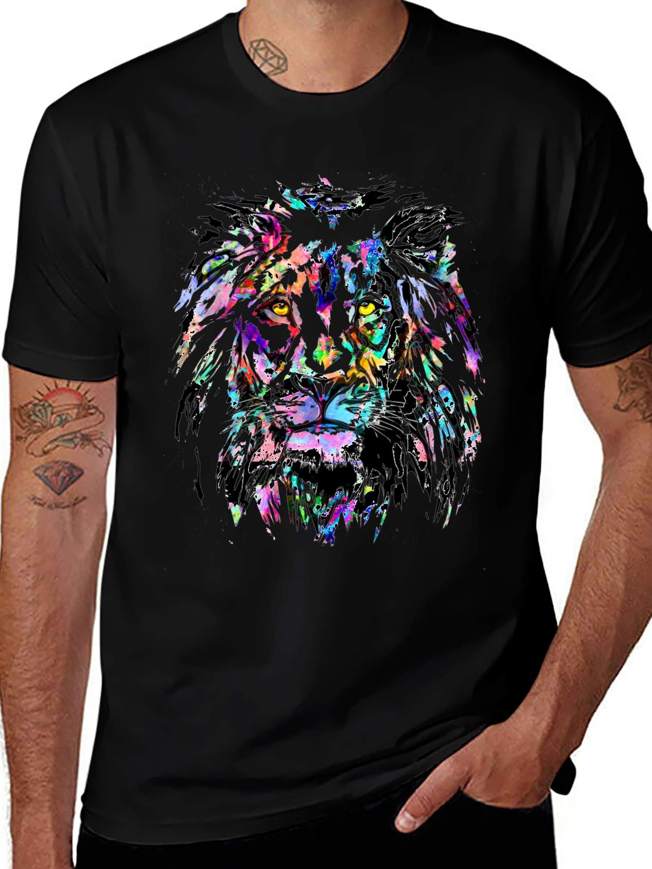 Vibrant Lion Graphic Print Black T-Shirt