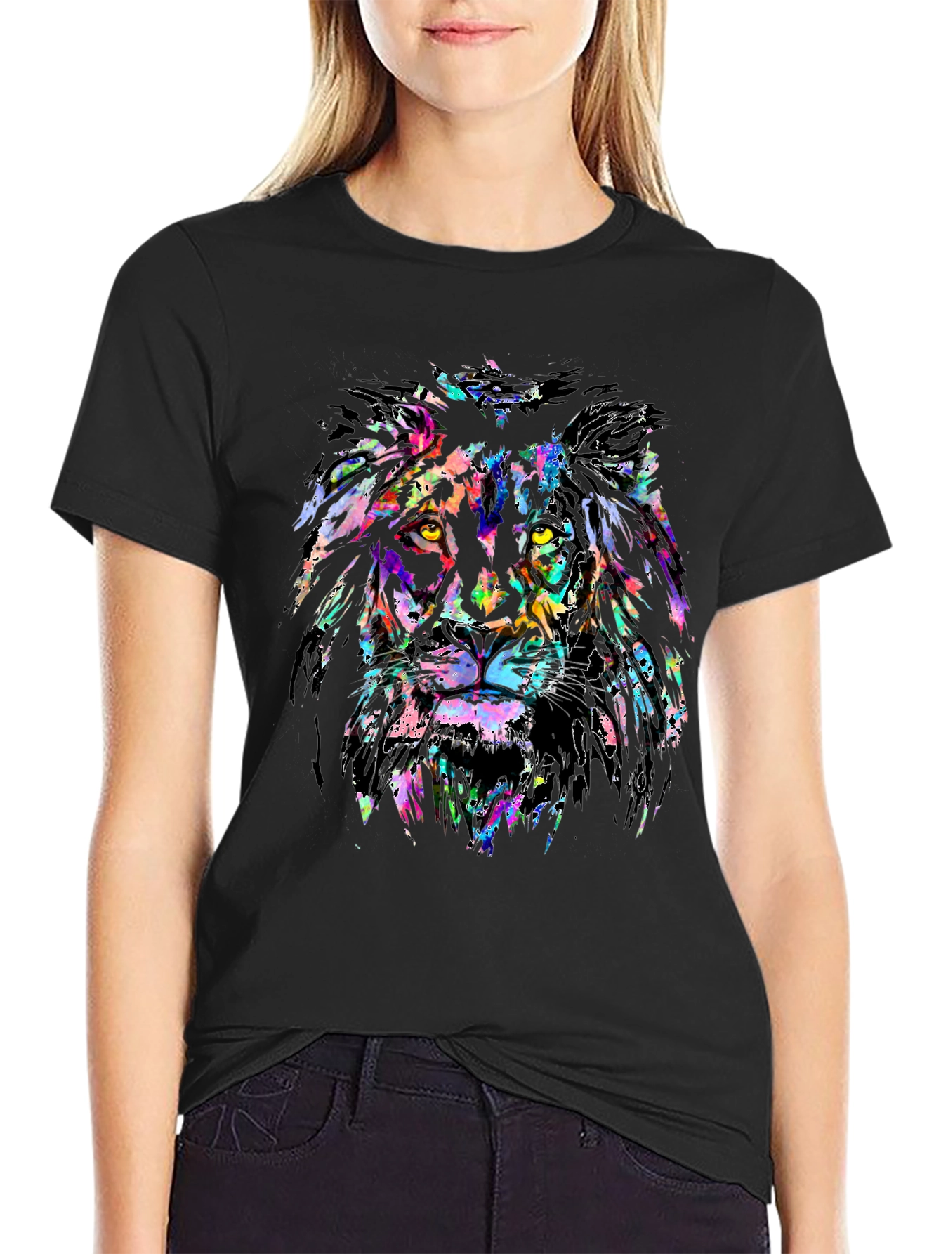 Vibrant Lion Graphic Print Black T-Shirt