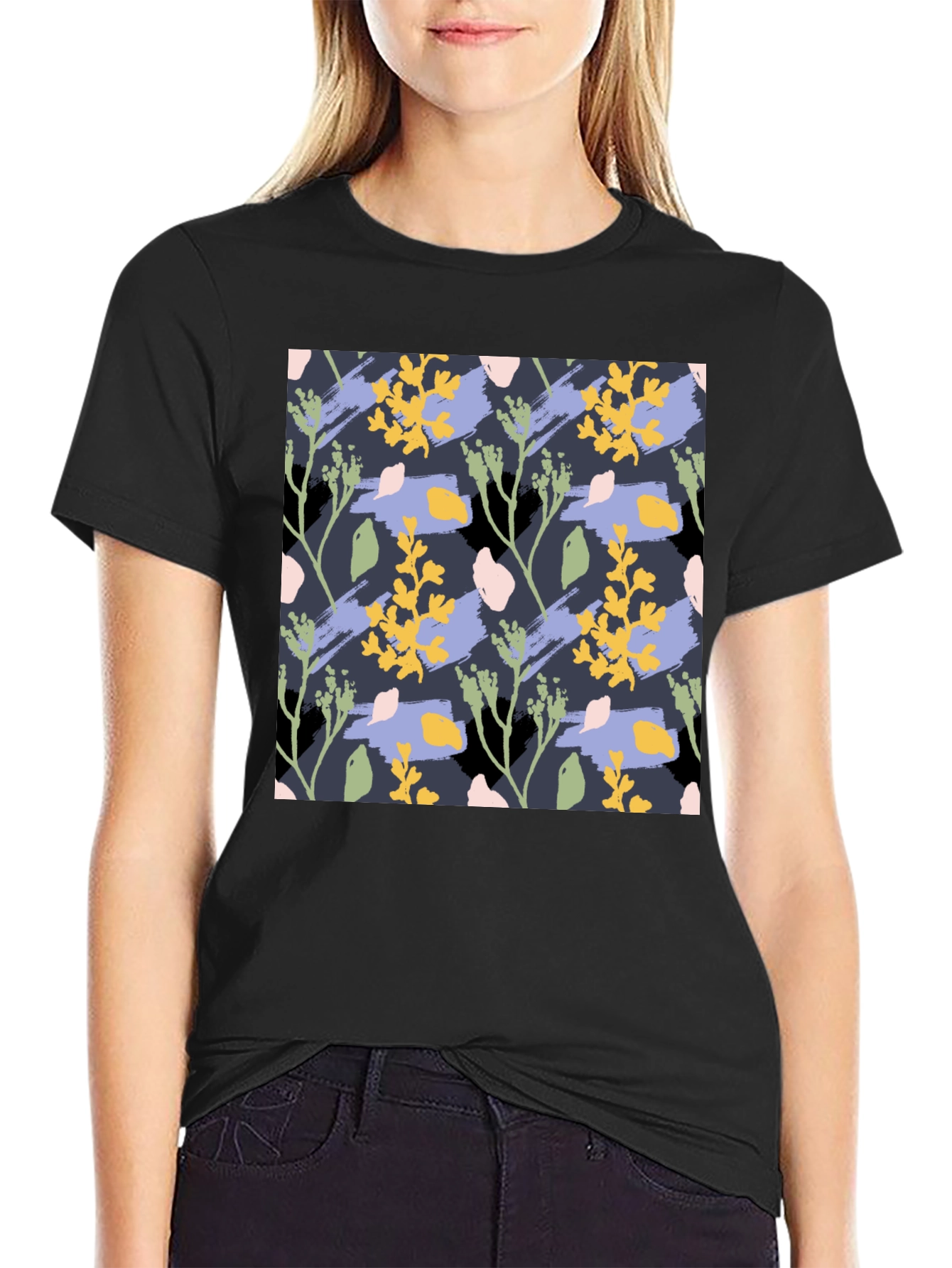 Floral Pattern Mens Black T-Shirt