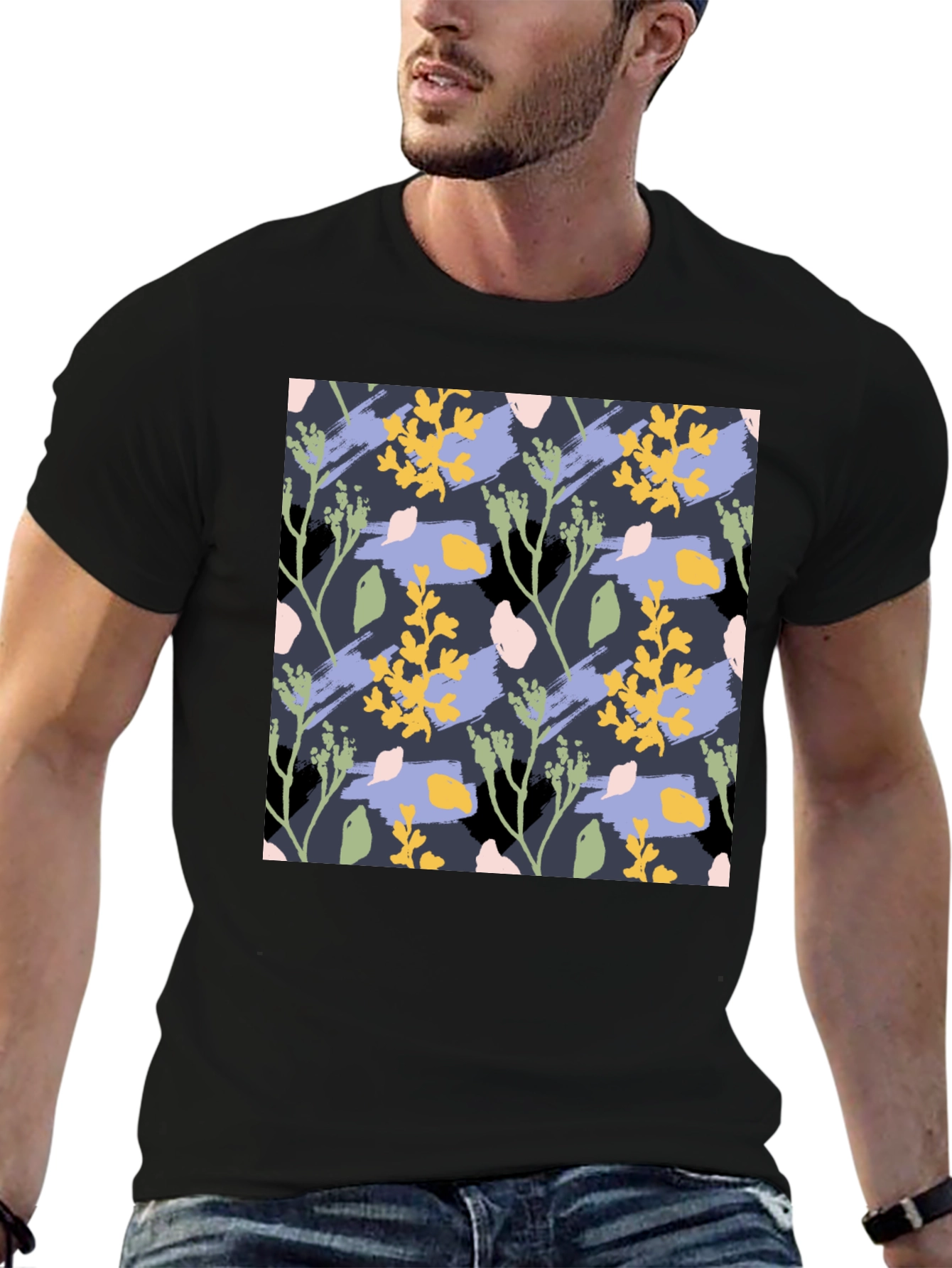 Floral Pattern Mens Black T-Shirt