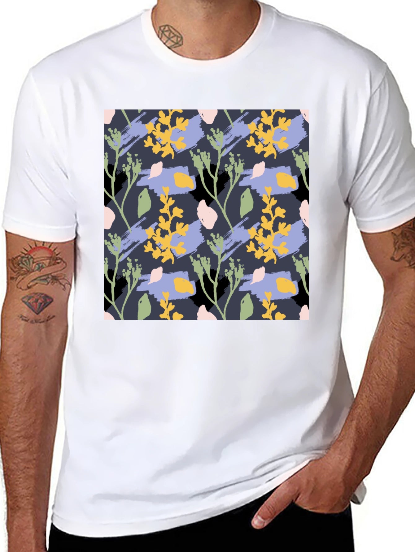 Floral Pattern Mens Black T-Shirt