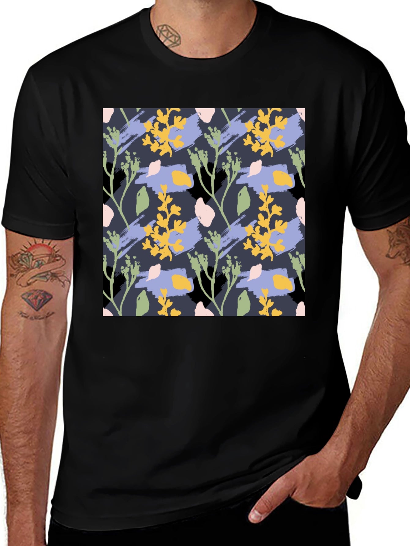 Floral Pattern Mens Black T-Shirt