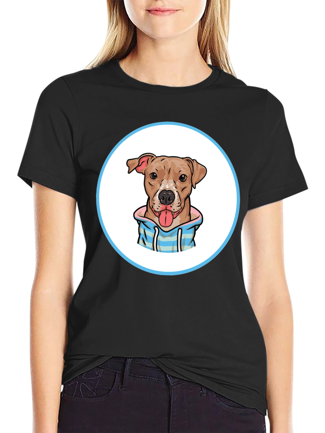 Dog Cartoon Print Black T-Shirt